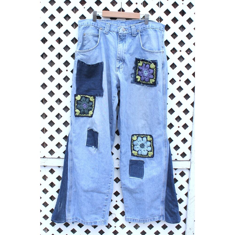 Wide Leg Patchwork Pocket Sunflower Jeans